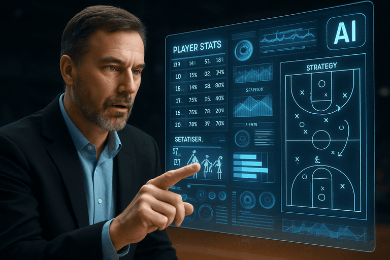 Ilustrasi hyperrealistic pelatih basket menganalisis tampilan holografik statistik pemain