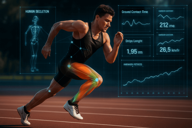 Ilustrasi hyperrealistic pelari dengan overlay AI analisis biomekanik real-time