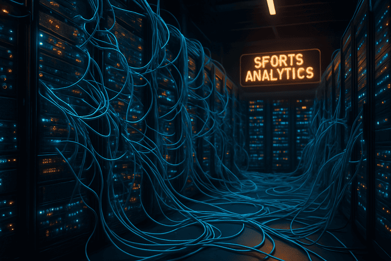 Ilustrasi hyperrealistic pusat data yang mewakili infrastruktur AI analisis olahraga
