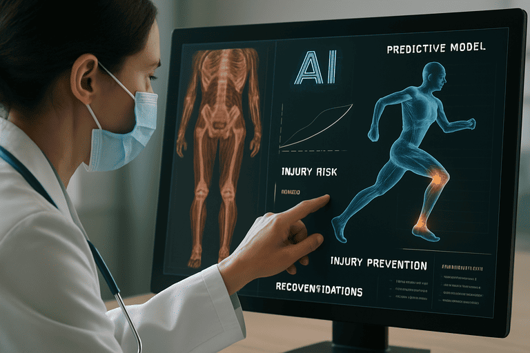 Ilustrasi hyperrealistic profesional medis menggunakan sistem AI untuk mencegah cedera atlet