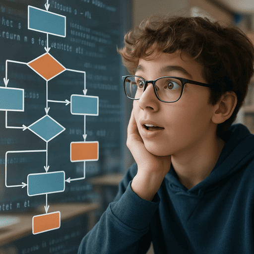 Seorang siswa SMP sedang melihat flowchart algoritma dengan ekspresi penasaran