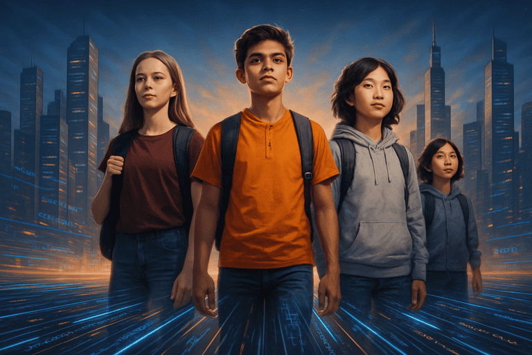Kelompok siswa SMP yang beragam berdiri dengan percaya diri di lanskap kota futuristik