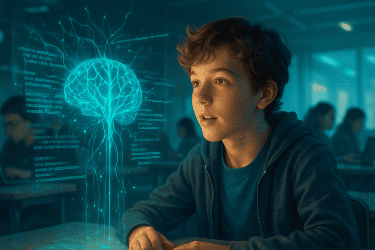 Siswa SMP melihat proyeksi holografik jaringan neural dan kode pemrograman