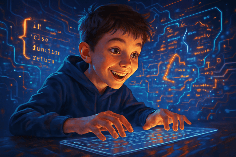 Siswa SMP antusias mengetik pada keyboard futuristik dengan kode pemrograman yang mengalir di sekitarnya