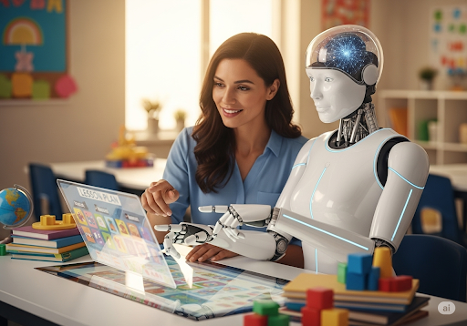 01. A teacher and an AI assistant collaboratively planning a lesson for elementary students, efficient and harmonious