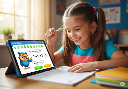 01. A young elementary student happily solving math problems on a tablet with an AI tutor, colorful and encouraging interface.