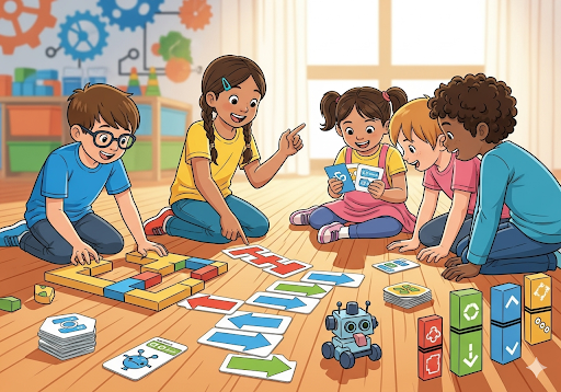01. Ilustrasi anak-anak yang dengan gembira terlibat dalam kegiatan Unplugged Coding tanpa menggunakan komputer