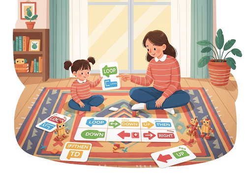 01. Ilustrasi orang tua dan anak yang sedang duduk di lantai, bermain permainan coding unplugged dengan kartu warna-warni dan panah