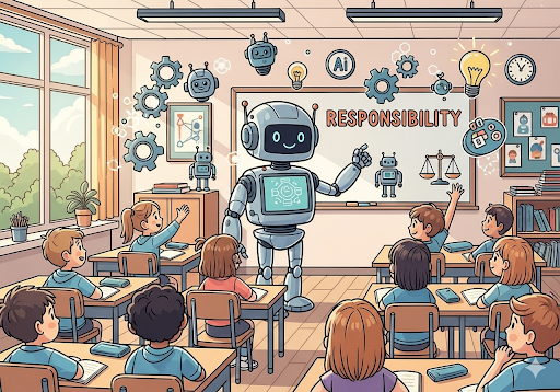 01. Ilustrasi siswa sekolah dasar yang ceria di kelas, dengan karakter robot besar yang mengajari mereka tentang tanggung jawab