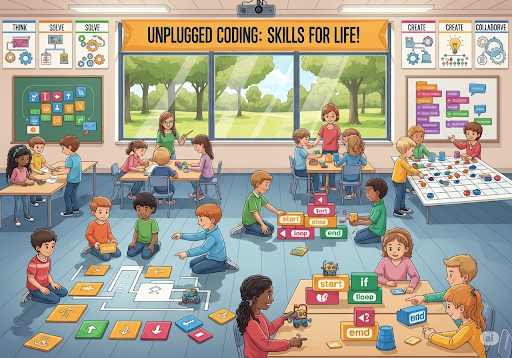 01. Sebuah ilustrasi anak-anak yang belajar Unplugged Coding melalui teka-teki logika dan permainan pemecahan masalah yang kreatif