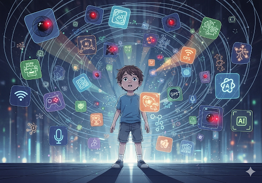 01. Sebuah ilustrasi seorang anak yang dikelilingi oleh ikon digital mengambang yang mewakili pengumpulan data