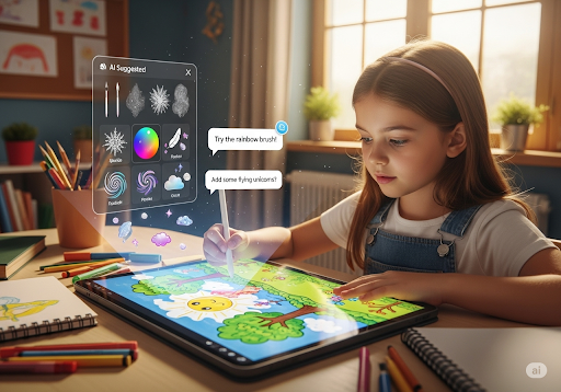 01. Seorang siswa sekolah dasar menggambar di kanvas digital, dengan AI menyarankan ide dan alat kreatif, artistik, dan menginspirasi
