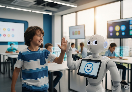 01. Seorang siswa sekolah dasar yang ceria berinteraksi dengan robot AI yang ramah di ruang kelas modern, dengan latar yang cerah dan futuristik