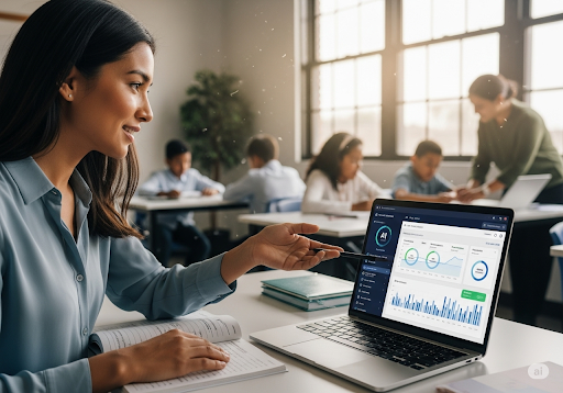 02. A teacher using AI-generated insights to understand individual student learning patterns and provide targeted support, empathetic and effective.