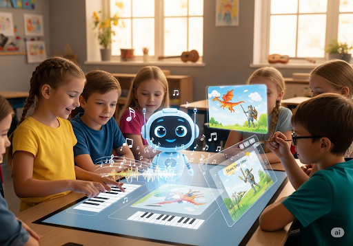 02. AI membantu siswa sekolah dasar menyusun melodi atau cerita sederhana, menumbuhkan ekspresi artistik mereka, harmonis dan imajinatif