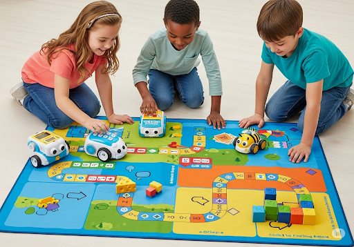 02. Anak-anak berinteraksi dengan robot tanpa layar seperti Code & Go Robot Mouse, Botley the Coding Robot, dan Bee-Bot