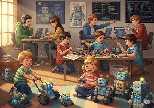 02. Anak-anak dari berbagai usia belajar robotika dengan kecepatan mereka sendiri