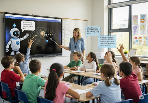03. A teacher facilitating a discussion among elementary students, with AI providing supplementary information on a large screen