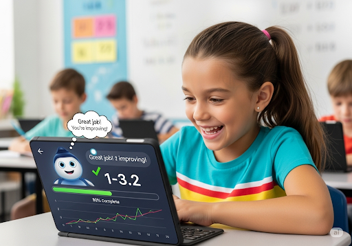 03. An elementary student receiving instant feedback from an AI math assistant, showing progress and improvement