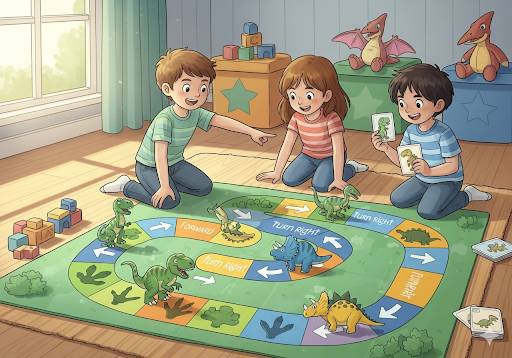 03. Ilustrasi menyenangkan dari anak-anak yang bermain permainan papan coding unplugged bertema dinosaurus