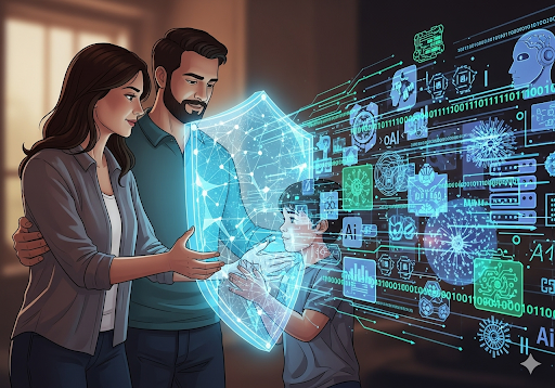03. Sebuah ilustrasi orang tua yang memegang perisai digital bercahaya di depan anak mereka
