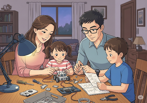 03. Sebuah keluarga di rumah, orang tua dan anak-anak duduk mengelilingi meja merakit sebuah kit robot kecil
