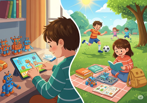 03. Seorang anak menyeimbangkan waktu layar dengan game robotika, aktivitas di luar ruangan
