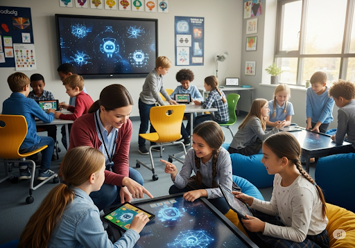 03. Seorang guru membimbing siswa sekolah dasar saat mereka menggunakan game edukasi bertenaga AI