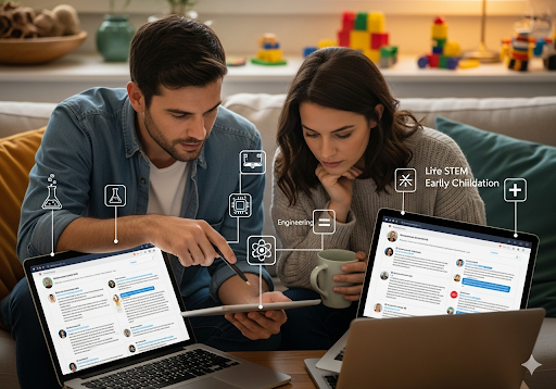 03. Seorang orang tua dan guru sedang menjelajah di laptop atau tablet, bergabung dengan forum online atau grup media sosial tentang STEM