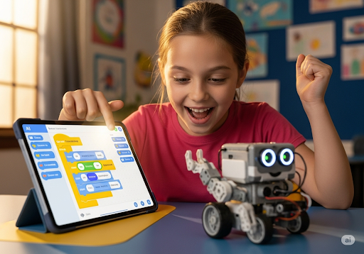 03. Seorang siswa sekolah dasar berhasil memprogram robot kecil menggunakan antarmuka AI sederhana, penuh kemenangan dan bersemangat