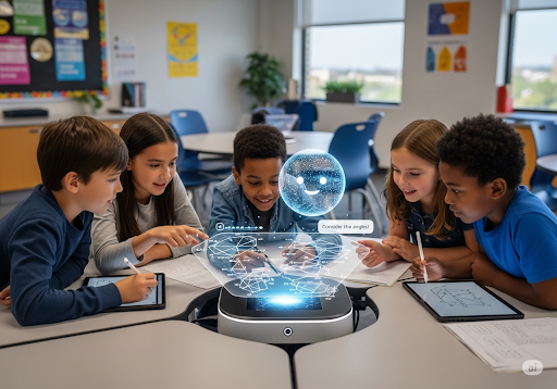 04. A group of elementary students collaborating on a math challenge, with AI providing hints and support, teamwork focus