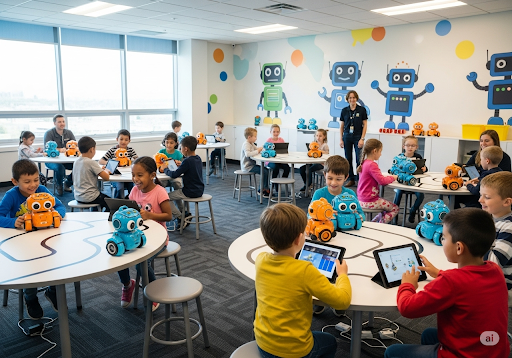 04. Lingkungan belajar robotika yang aman dan ramah anak, di mana anak-anak bermain dengan robot edukatif yang kokoh tanpa bagian kecil yang dapat dilepas