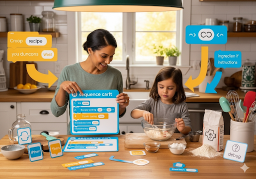 04. Orang tua dan anak di dapur, menggunakan langkah-langkah resep sebagai instruksi coding unplugged