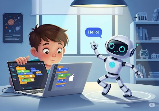 04. Seorang anak membuat kode di laptop sementara robot di samping mereka bergerak sesuai dengan program