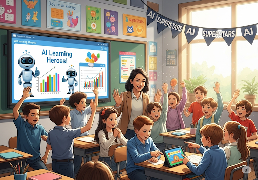 05. A teacher and elementary students celebrating a learning milestone, highlighting the successful integration of AI in the classroom