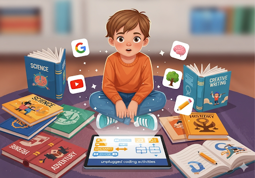 05. Ilustrasi seorang anak yang dikelilingi oleh buku-buku terbuka dan layar tablet yang menampilkan aktivitas coding unplugged