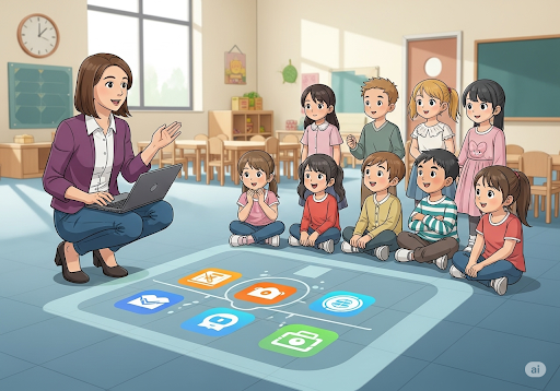1. Seorang guru TK sedang menjelaskan cara kerja Active Floor kepada sekelompok anak TK yang antusias