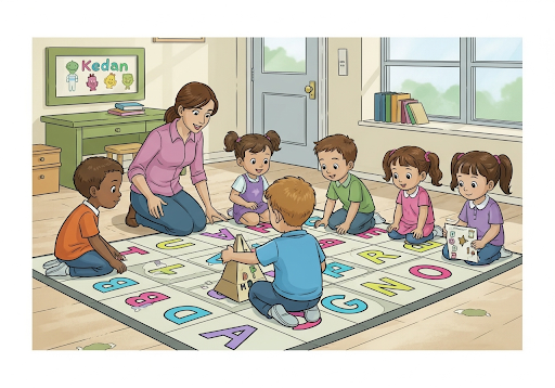 3. Anak-anak TK (laki-laki dan perempuan) sedang bermain game di Active Floor yang menampilkan huruf-huruf besar dan warna-warni
