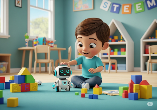 Gambar 1. Seorang anak kecil (usia 4-5 tahun, etnis Indonesia) sedang bermain dengan robot edukasi kecil yang ramah di lingkungan daycare yang cerah dan modern