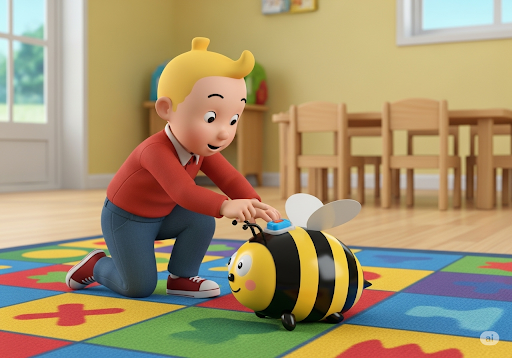Gambar 1. Seorang anak laki-laki (usia 4 tahun, etnis Indonesia) sedang berinteraksi dengan robot edukasi berbentuk lebah yang lucu di atas karpet berwarna-warni di penitipan anak