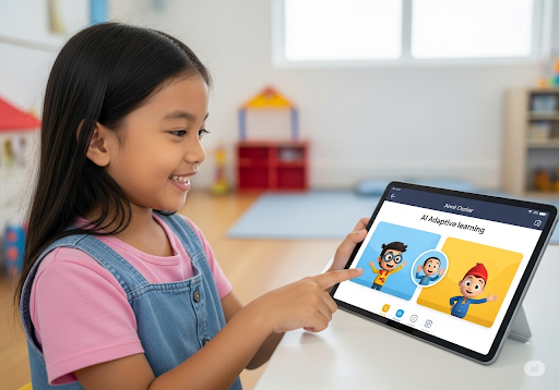 Gambar 1. Seorang anak perempuan (usia 4 tahun, etnis Indonesia) sedang tersenyum dan berinteraksi dengan tablet yang menampilkan aplikasi pembelajaran adaptif berbasis AI