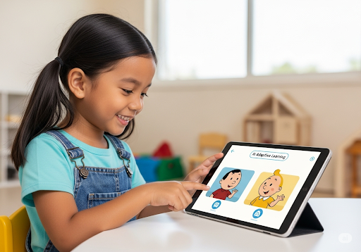 Gambar 1. Seorang anak perempuan (usia 4 tahun, etnis Indonesia) sedang tersenyum dan berinteraksi dengan tablet yang menampilkan aplikasi pembelajaran adaptif berbasis AI