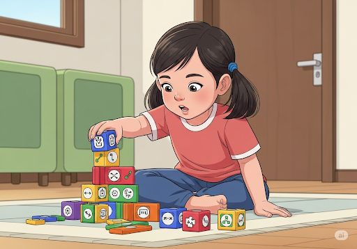 Gambar 1. Seorang anak perempuan (usia 5 tahun, etnis Indonesia) sedang bermain dengan balok-balok koding fisik yang berwarna-warni di lantai daycare