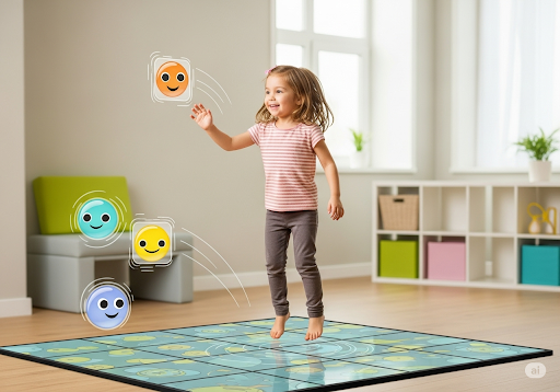 Gambar 2. Anak TK perempuan sedang melompat dengan gembira di Active Floor, mencoba menyentuh objek virtual yang bergerak