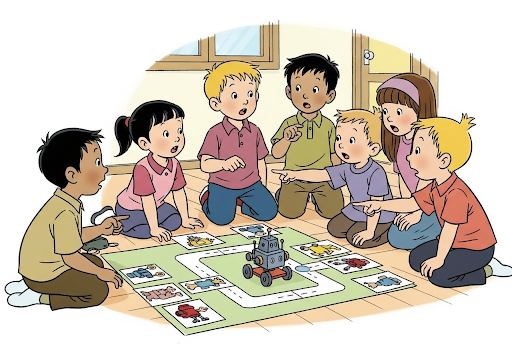 Gambar 2. Sekelompok anak-anak (usia 3-5 tahun, etnis Indonesia) sedang bekerja sama di lantai penitipan anak, merencanakan jalur untuk robot edukasi