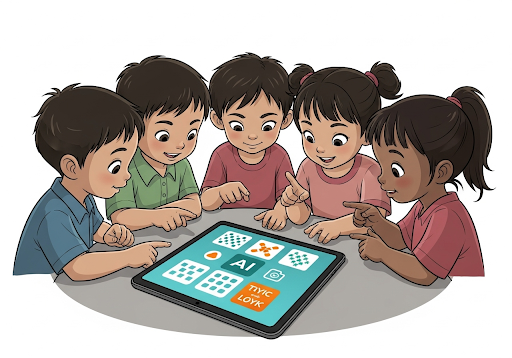 Gambar 2. Sekelompok anak-anak (usia 3-5 tahun, etnis Indonesia) sedang berinteraksi dengan tablet yang menampilkan aplikasi edukasi AI yang cerah dan berwarna-warni