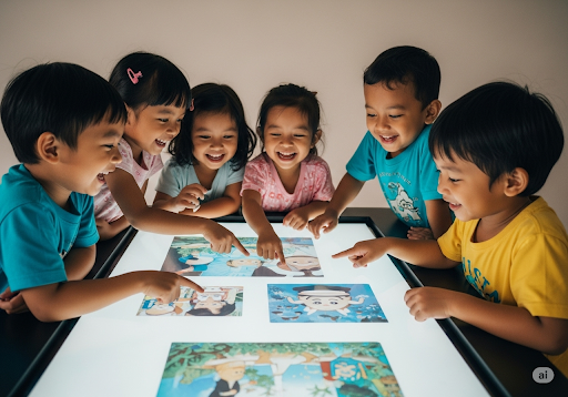 Gambar 2. Sekelompok anak-anak (usia 3-5 tahun, etnis Indonesia) sedang bermain bersama di sekitar meja interaktif yang menampilkan proyek seni digital yang dibuat dengan bantuan AI