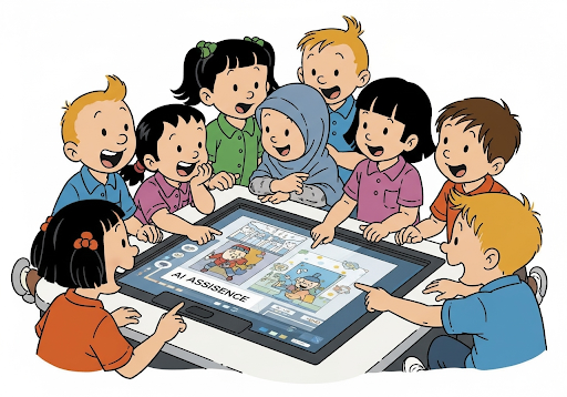 Gambar 2. Sekelompok anak-anak (usia 3-5 tahun, etnis Indonesia) sedang bermain bersama di sekitar meja interaktif yang menampilkan proyek seni digital yang dibuat dengan bantuan AI