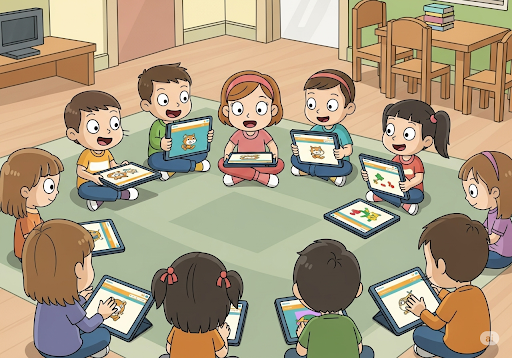 Gambar 2. Sekelompok anak-anak (usia 3-5 tahun, etnis Indonesia) sedang duduk di karpet di daycare, masing-masing dengan tablet yang menampilkan aplikasi ScratchJr