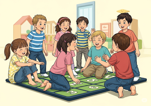 Gambar 3. Beberapa anak TK (laki-laki dan perempuan) sedang tertawa dan berinteraksi satu sama lain saat bermain game kolaboratif di Active Floor